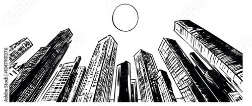 Modern city skyline set with skyscrapers and sun hand drawn outline illustration