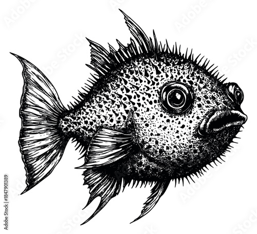 Vintage puffer fish illustration hand drawn sketch