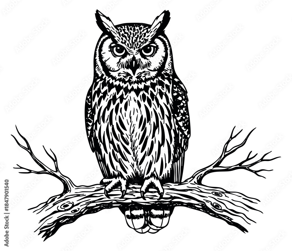 Fototapeta premium Vintage owl illustration with tree branch black and white line art