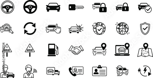 Black and white car service icons featuring vehicles, keys, customer support, and location tools for automotive platforms and apps.