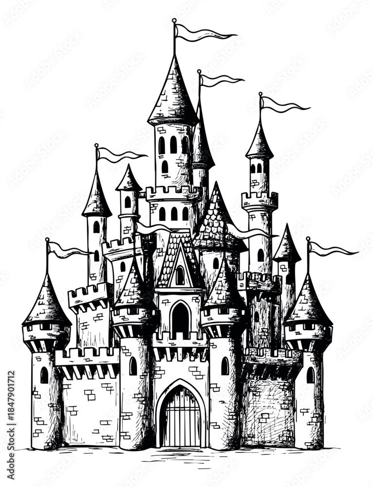 Obraz premium Vintage castle set with towers and flags black and white line art