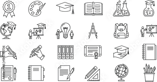 Black and white education icons featuring books, graduation caps, learning tools, and creative academic symbols for school design.