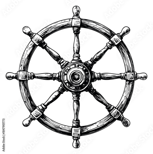 Vintage ship wheel illustration hand drawn sketch
