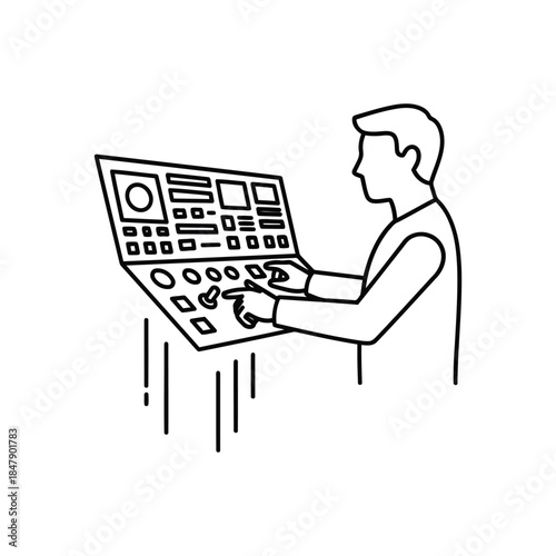 Man working on a sound mixing board in a professional studio environment from a side viewpoint