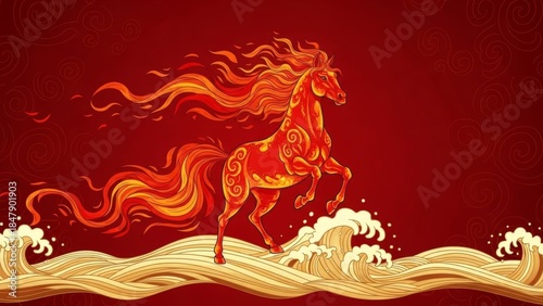 Majestic fiery horse emerging from stylized golden waves on red background