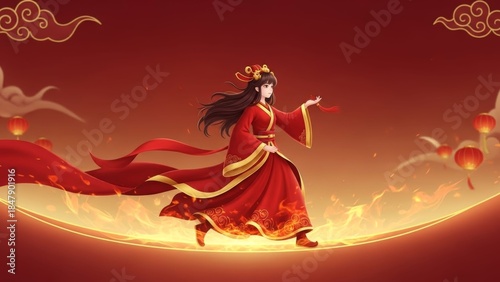 Elegant female figure in flowing red traditional costume amidst fiery glow