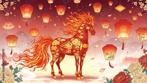 Vibrant Lunar Festival Horse with Floating Lanterns and Floral Accents