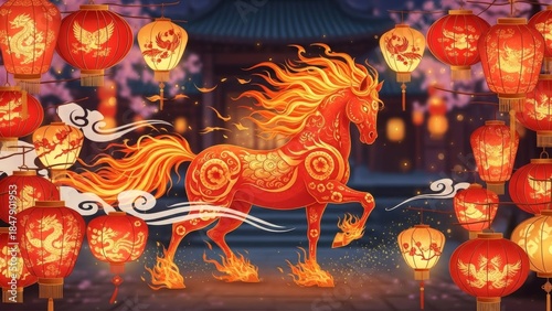 Vibrant Chinese Lantern Festival with Mythical Fire Horse and lanterns