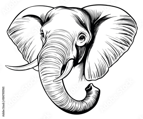 Elephant head illustration black and white line art