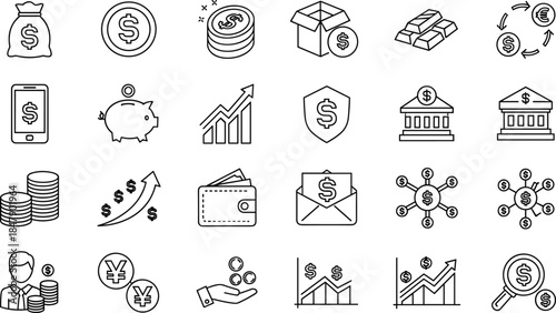 Black and white finance icons featuring money, banking, investment, and currency tools for financial platforms and business apps.
