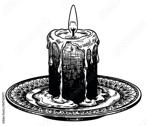 Vintage candle illustration with melting wax on decorative plate black and white line art