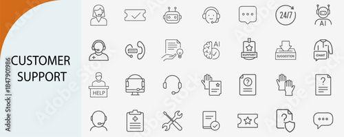 customer support service icons, minimal flat vector line design