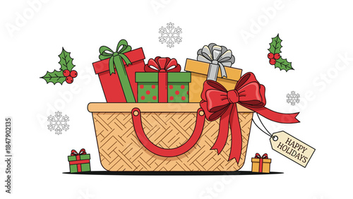 Festive gift basket overflowing with beautifully wrapped presents and holiday decorations creates a cheerful seasonal scene.