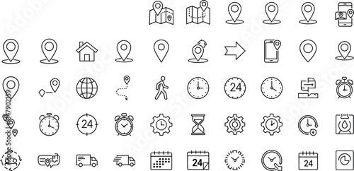 Black and white icons featuring location, time tracking, delivery, and scheduling tools for logistics, navigation, and mobile platforms.