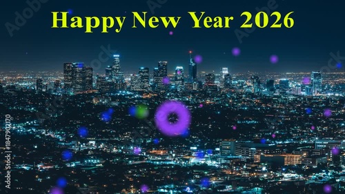 Happy New Year 2026 animation with greeting text on a city at night