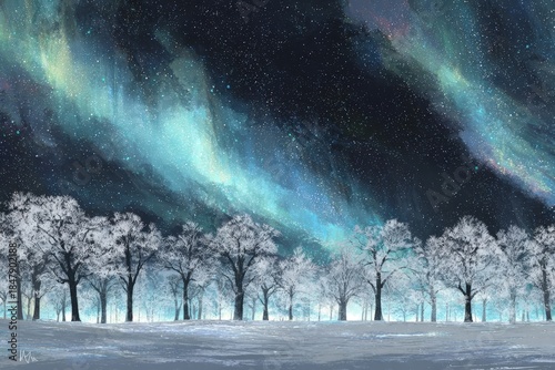 Brilliant celestial lights illuminate a dark winter forest scene