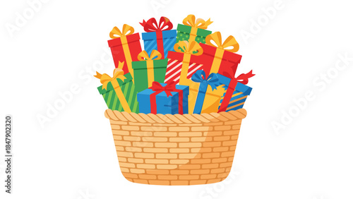 Colorful assortment of beautifully wrapped gifts overflowing from a woven wicker basket, perfect for celebrations and special occasions.