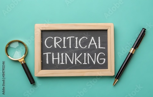 The concept of critical thinking. Ability to analyze information objectively and make reasoned judgments based on evidence. Board with inscription and magnifying glass