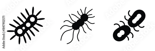 Black Silhouette Bacteria Icons Vector Set – Microorganism, Virus, Microbe Illustration for Health, Medical, Science, and Microbiology Design Projects
