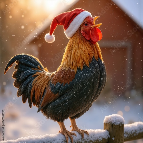 A colorful rooster wearing a Santa hat perches on a snow-covered fence, with a blurred barn and softly falling snowflakes in the background