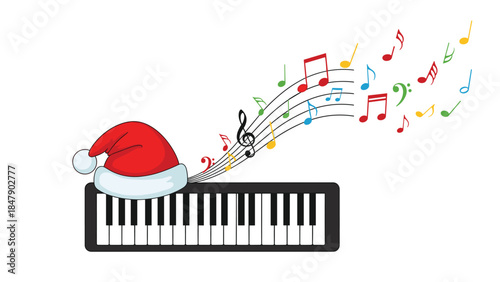 Festive christmas music flows from a piano keyboard adorned with a santa hat, creating a joyful holiday atmosphere.