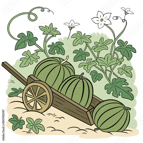 Green melons in a wooden cart with vines and flowers