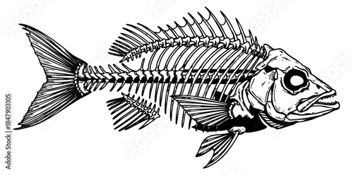 Fish skeleton illustration black and white line art
