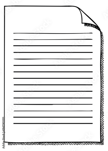 Simple lined paper icon with curled corner hand drawn outline illustration