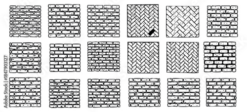 Hand drawn brick wall pattern set with various styles and textures