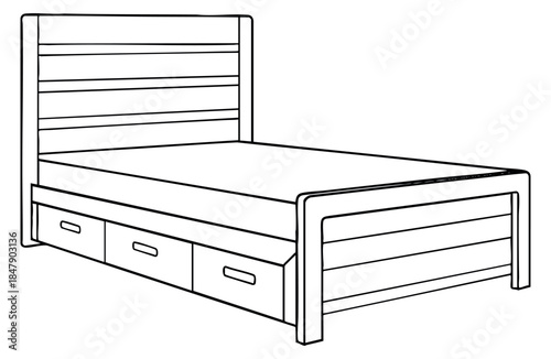 Bed icon set with headboard, footboard and storage drawers black and white line art