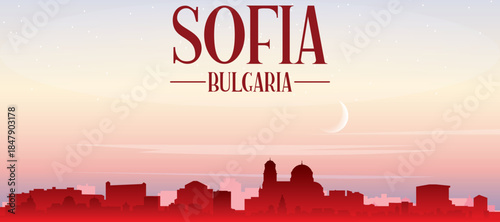 Red panoramic poster of the city skyline with misty background buildings, sunrise, moon and clouds of SOFIA, BULGARIA
