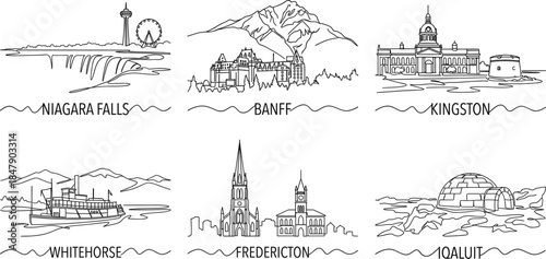 Canadian Landmarks Collection Single Line Art Vector