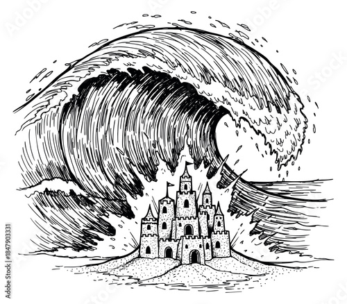 Simple sandcastle set with wave black and white line art