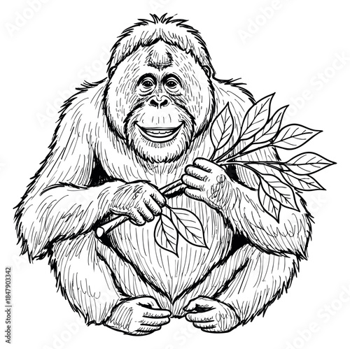 Hand drawn orangutan holding branch with leaves sketch