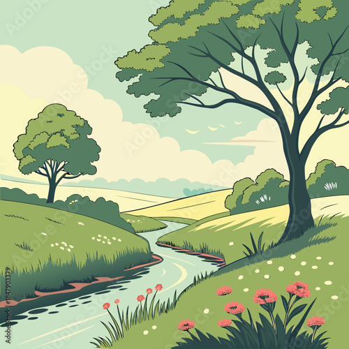 Serene countryside landscape with stream and trees