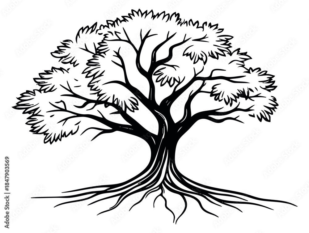 Obraz premium Tree icon with roots and leaves hand drawn outline illustration
