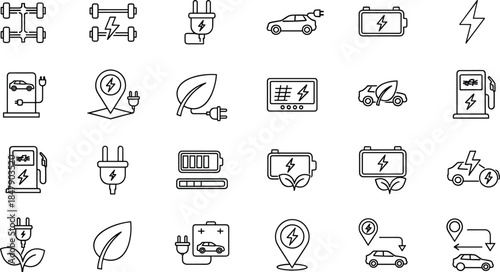Minimalist black and white icons of electric vehicles, charging stations, and eco energy for sustainable transport and green technology.