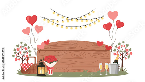 Romantic picnic setup with heart balloons, flowers, champagne, and a wooden sign creates a lovely celebration scene.