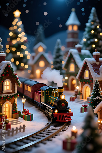 Magical Miniature Christmas Village at Night with a Steam Train on Snowy Tracks, Festive Holiday Lights


