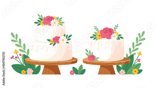 Beautifully decorated wedding cakes with floral arrangements stand on wooden pedestals, perfect for celebrations and sweet moments.