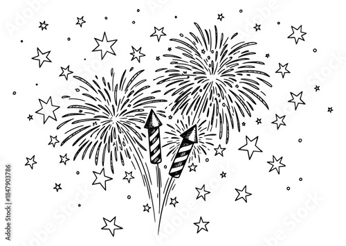 Firework icon set with rockets and star bursts hand drawn outline illustration