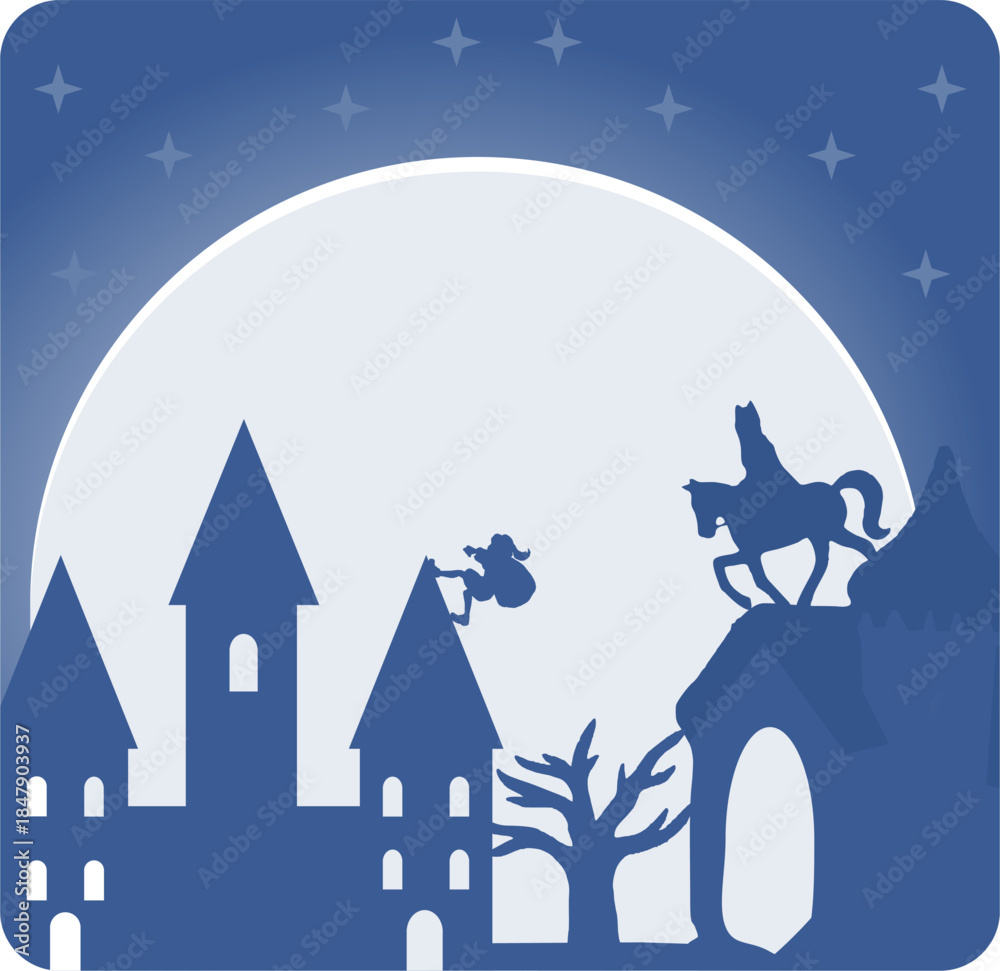 Obraz premium Happy Santa Claus Day. Silhouette of Saint Nicholas against the moon and city buildings. Cartoon flat vector illustration.
