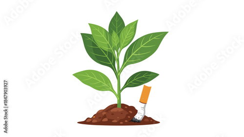 Tobacco plant sprouts from discarded cigarette butt, symbolizing the cycle of addiction and the environmental impact of smoking.