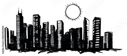 Modern city skyline with sun black and white line art