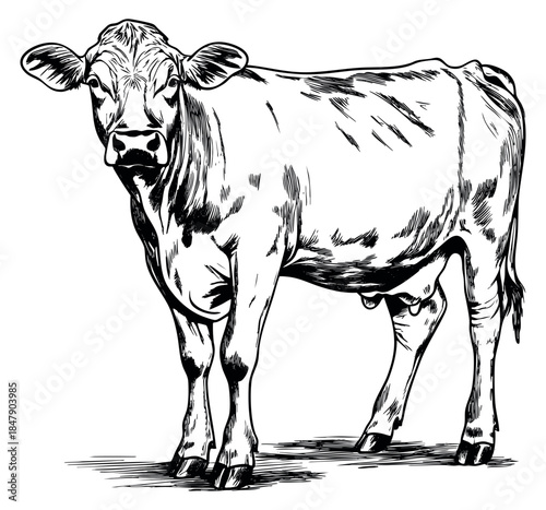Vintage cow illustration black and white line art