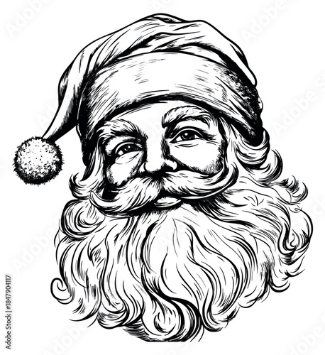 Vintage santa claus icon with hat and beard hand drawn sketch