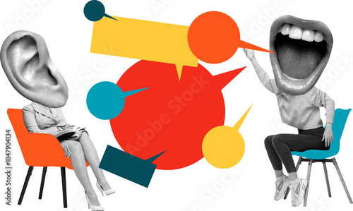 Photos Creative artwork of giant ear and mouth head figures in colorful dialogue with speech bubbles on transparent background