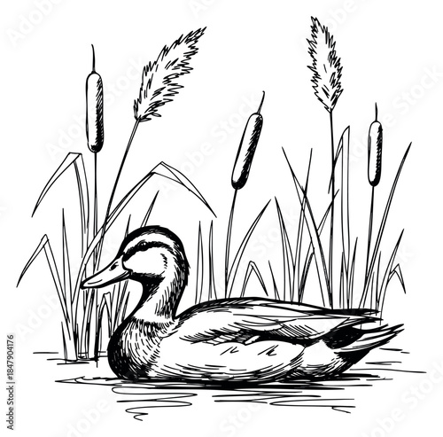 Duck in reed and cattail wetland hand drawn outline illustration