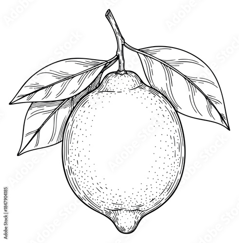 Simple lemon fruit with leaves hand drawn outline illustration