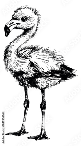 Young flamingo bird hand drawn outline illustration